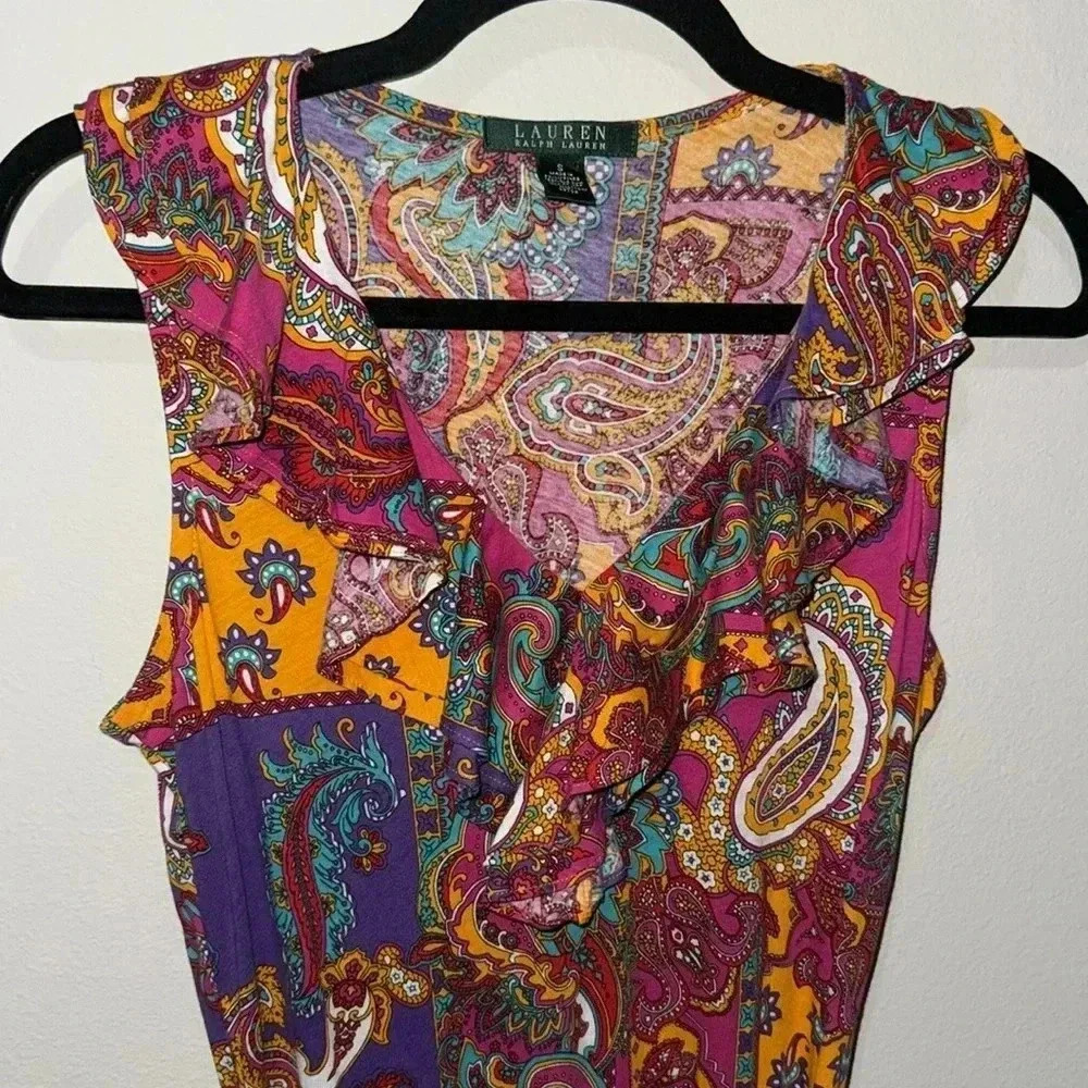 Lauren Ralph Lauren Paisley Dress Womens Small Ruffle Vneck Sleeveless Colorful - Picture 3 of 9
